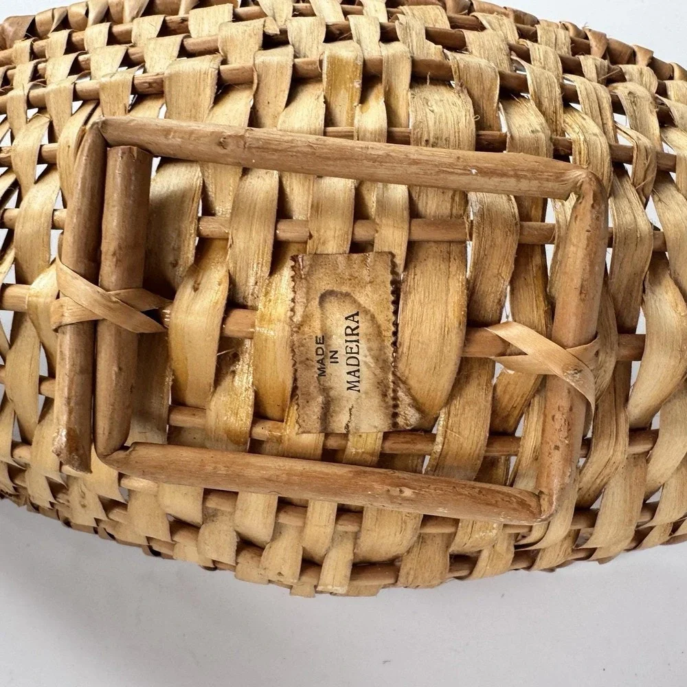 Vtg MCM Woven Basket Gondola Pea Pod Basket Footed Wicker Madeira Signed Boho